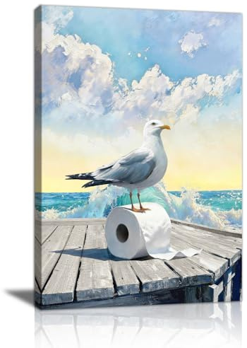 FajerminArt Lustige Möwen auf Toiletten Papier Leinwand Bilder Mit Rahmen Blaue Küsten Landschaft Bild Auf Leinwand Humor Tier Wandbilder Poster Wanddeko für Badezimmer Wohnzimmer Schlafzimmer 40x60cm