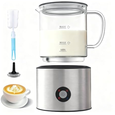 Milchaufschäumer Elektrisch 4 in 1, Milchschäumer Induktion 500ml Kalt Warm, Automatische, Spülmaschinenfest, Abnehmbar Visuelles Glas für Kaffee und Latte