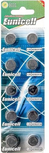 Eunicell AG10 Alkaline Button Cell 1.5v Batteries, Pack of 10 in Individual Blisters