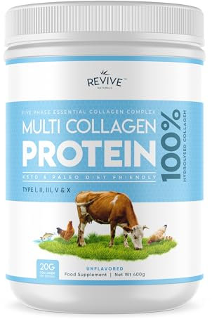 Poudre de Protéines Multicollagène (400g) | 5 Types de Peptides de Collagène d'Origine Alimentaire - Bovin Nourri à l'Herbe Hydrolysée, Poisson de Mer Sauvage & Poulet en Liberté, Non Aromatisé