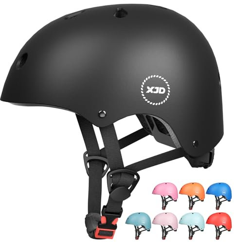 XJD Fahrradhelm Kinder Jugend Kinderhelm Einstellbare Skateboard Helm Skaterhelm für Fahrrad Skateboard Scooter Roller Kinderfahrradhelm für 3-13 Alt Mädchen und Jungen (M: 55-58 cm, Schwarz)