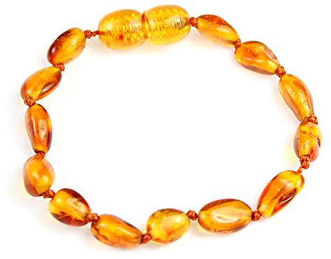 SilverAmber New Baltic Amber Anklet Bracelet Cognac - Handmade 100% Genuine Amber Bean Beads - Premium Quality - Size 16 CM