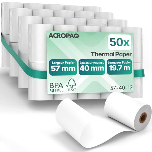ACROPAQ - 50 x Rouleau carte bancaire - 57 mm x 40 mm x 19,7 m, Rouleaux de papier thermique de qualité supérieure, Sans BPA, Pour les terminaux de paiement mobiles - Papier tpe, Rouleaux CB thermique