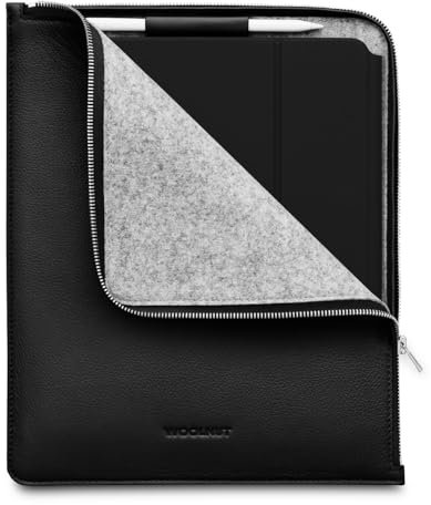 WOOLNUT Skandinavisches Vollnarbenleder Folio Cover für iPad Pro 13 Zoll & iPad Air 13 Zoll (M4,2024) - Schwarz, mit Stifthalter, Reißverschluss/Kompatibilität mit iPad Pro 12.9 Case mit iPad Air 13