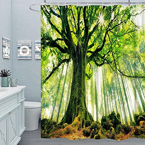 M&W DAS DESIGN Duschvorhang Wald Pflanzen Baum Textil Baum-Zweig grün Natur Ruhe sonnig Frieden Vorhang Schimmelresistent Blätter Landschaft Farbfest inkl. 12 C-Ringe Gewicht unten