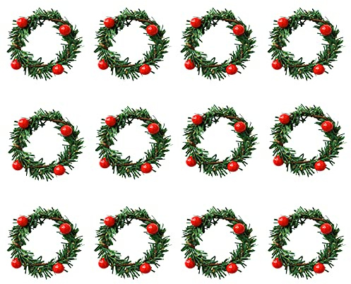 Gukasxi 12 Pieces Christmas Candle Rings Wreath 1.57'' Mini Christmas Wreath Napkin Ring with Red Berry Artificial Wreath Candle Holder Rings for Rustic Wedding Centerpiece Christmas Table Decoration
