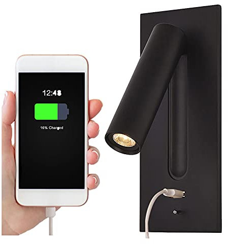 SHXITAYNB Liseuse Lampe LED Tete De Lit Caché Interrupteur Lampe De Chevet, USB Encastré Lampe De Chevet Murale Applique Liseuse, Wall Light Sconce, Orientable À 350 ° 90 ° Pliable,Noir,3000K Warm