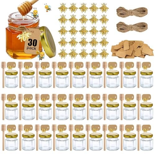 FHzytg 30 Stück 1,5 Unzen Mini Honiggläser, Honiggläser Mini Honig Gläser Mini Gläser, Marmeladenglas Mini Honigglas Mini Honig Mini Gläser Hochzeit und Party