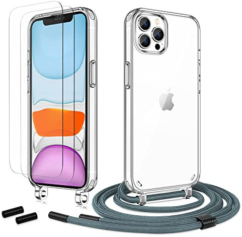Anshow Handykette für iPhone 13 Pro Hülle mit Band + 2 Schutzfolie, Robust Necklace Extrem Stoßfest Handyhülle iPhone 13 Pro Case Transparent Schutzhülle zum Umhängeband Abnehmbar, Silber