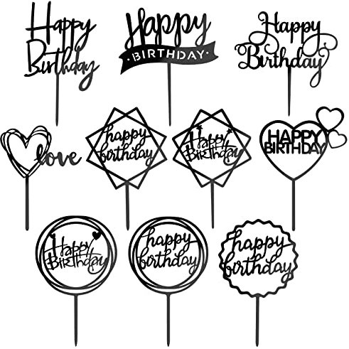 MOGADEE® 10 Stück Schwarz Happy Birthday Tortendeko Set, Acryl Glitter Cupcake Topper, Girlande Herze Sternen Cake Topper, Happy Birthday Kuchen Deko für Mädchen, Kinder, Hochzeit, Mutter(Schwarz)