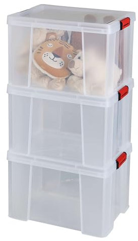 SUNDIS Clip'N Store, 3er-set Aufbewahrungsboxen 45l mit Schnappdeckel, transparentem Kunststoff, verstärkt, stapelbar, für Lebensmittelkontakt geeignet