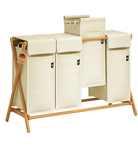 AdelDream 200L Wäschekorb mit 4 Fächern – Bambus Wäschesammler & Wäschesortierer, Wäsche Sortiersystem, X-förmige Wäschebox, Beige