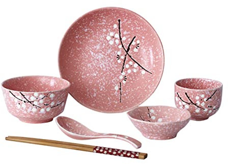 DOITOOL Japanese Ceramic Tableware Set 6 Pieces Pink Plates Bowls Cup Spoon Chopsticks Compact Storage Dinnerware Kit