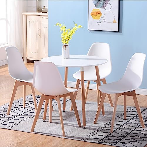 GrandCA HOME Mesa de Comedor y 4 Sillas de Comedor Juego de Comedor Moderno, Mesas Redondas Blancas y Sillas de Cocina con Patas de Madera de Haya, Blancas