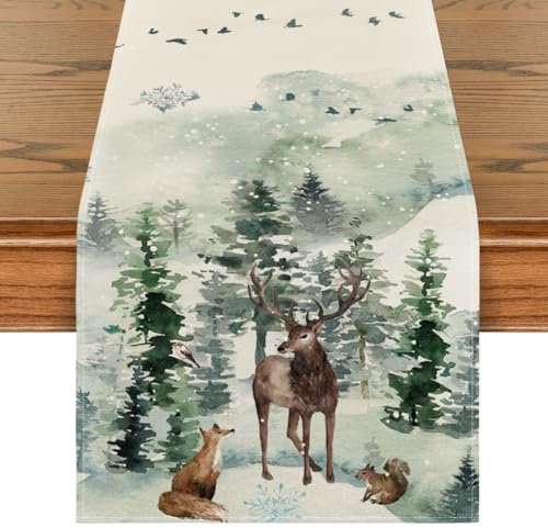 Artoid Mode Bäume Schneeflocken Fuchs Rentier Weihnachten Tischläufer, Saisonnal Winter Küche Tisch Dekoration Drinnen Urlaub Party Dekor 40x180 cm