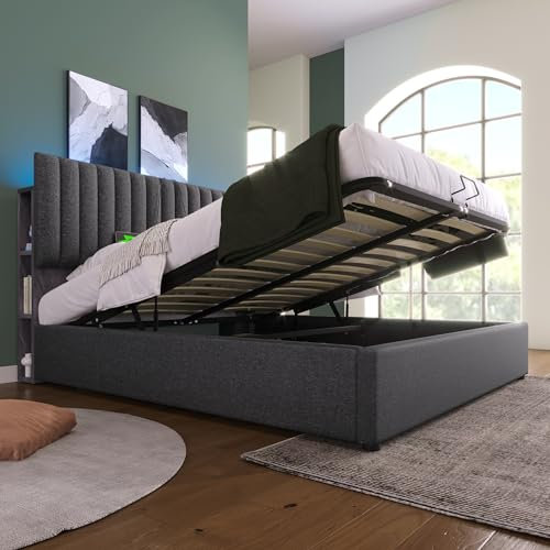 Merax Polsterbett 140x200cm mit LED-Beleuchtung, Ladefunktion, Hydraulisch Doppelbett mit Lattenrost, Bettkasten, Verstellbares Stauraum Kopfteil, Funktionsbett, Leinenmaterial, Ohne Matratze, Grau