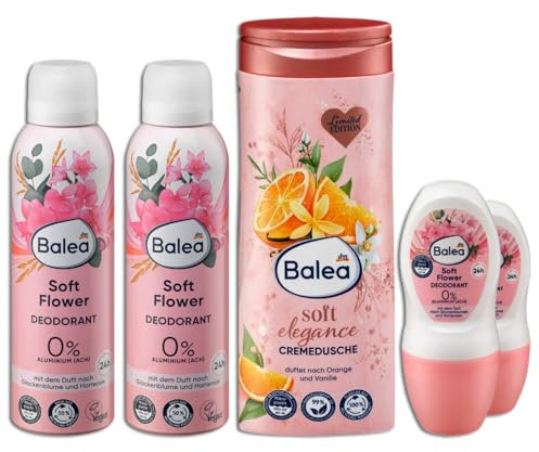 Balea 5er Set: 2 x Deo Spray Deodorant Soft Flower, 200 ml - 2 x Deo Roll-on Soft Flower, 50 ml - 1 x Cremedusche 300 ml