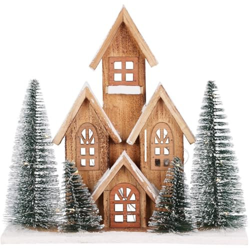 LED Wooden Christmas House with Bottle Brush Trees | Light Up Christmas House Ornament | Christmas Village Light Up House with Timer - 30cm