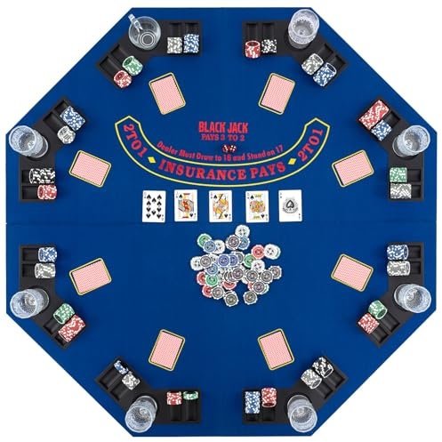 COSTWAY 1.2M/48 Inches Poker Table Top, 8 Player Foldable Texas Holdem Poker Mat with Carrying Bag, Cup Holders, Chip Trays, Portable Blackjack Tables Topper for Card Casino Game (Blue)