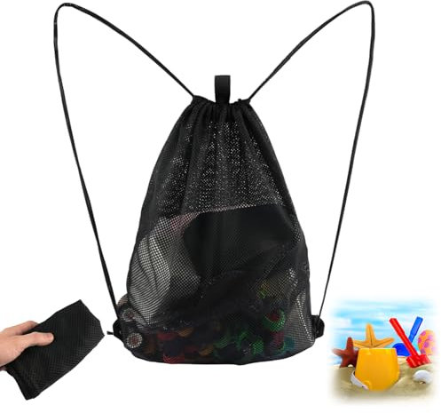 Mesh Strandtasche, Groß Sandspielzeug Tasche Netztasche Strand(45×60CM),Tragbar Netzrucksäcke mit Kordelzug, Sommer Aufbewahrungsnetztasche für zum Schwimmen, Tauchen, Reisen und Fitness-Schwarz