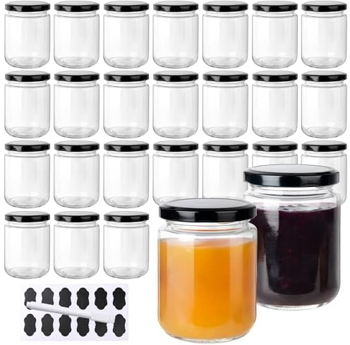 YBCPACK 24 Stück Marmeladengläser 240ml mit Deckel, Einmachgläser | Große Schraubgläser mit Schraubdeckel – Luftdicht & Spülmaschinenfest – mit Etiketten und Stift für Marmelade, Honig, Joghurt