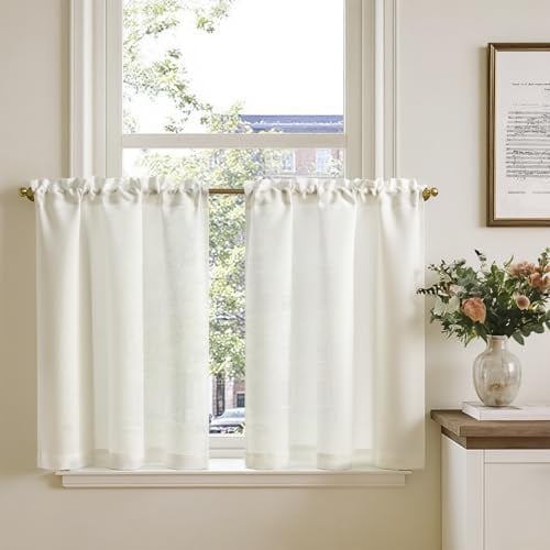 TOPICK 2 stycken linnegardiner i linneutseende 75 x 65 cm – vit | Ogenomskinliga köksgardiner, moderna ljusgenomsläppliga, skåp, kort gardin, köksfönster, lantlig stil, köksgardin