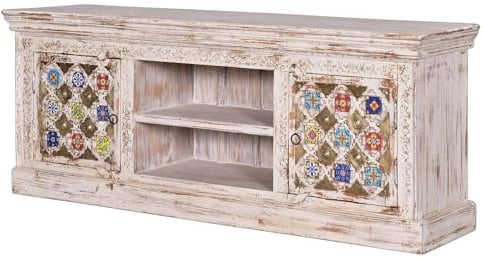 Meuble TV - Meuble TV - Décoration de salon - Bois de manguier avec carrelage et bronze - Façades ornementales artisanales - Rangement bas - Blanc vieilli multicolore - 60 × 150 × 40 cm