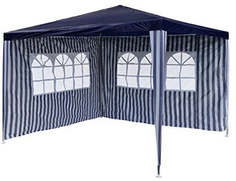 Garten-Pavillon 3 x 3 m, wasserdicht, inklusive 2 Seitenwänden mit je 3 Fenstern, Heringe, Abspannseile, Eckverbinder, Material PE-Plane 110 g/m², Metallgestänge lackiert, Stecksystem, blau-weiß