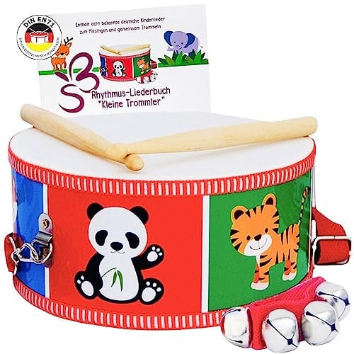 SCHMETTERLINE® | Kindertrommel – Trommel aus Holz inkl. Glockenarmband, Trommelbuch – Trommel für Kinder zum Umhängen mit verstellbaren Trageriemen – Musikinstrument für Kinder ab 3 Jahren