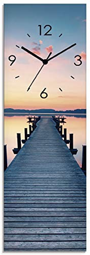 ARTLAND Wanddeko Wanduhr ohne Tickgeräusche Glas Funkuhr 20x60 cm Rechteckig Lautlos Natur See Steg Sonnenaufgang Urlaub Modern T9QL