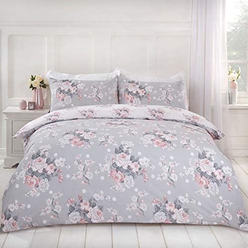Dreamscene English Rose Set copripiumino con federa, reversibile, motivo floreale, DDHSEROGR02, grigio cipria, 3 pezzi, matrimoniale
