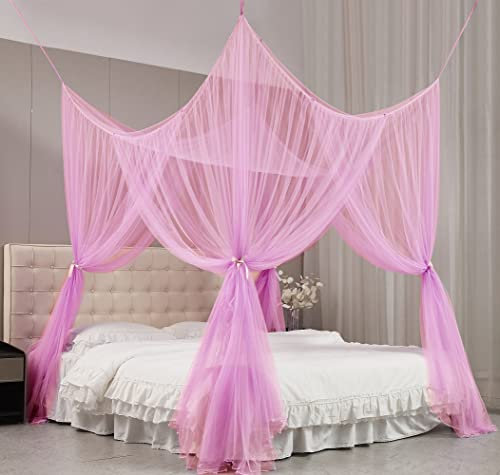 Mengersi Rideaux de lit avec 4 poteaux d'angle, Ciel de lit Double à Double, Taille XL, pour Camping, terrasse, intérieur et extérieur, 80 x 40 x 80 cm, Rose