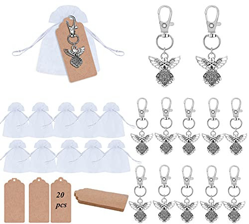 MKISHINE Regalo para invitados de boda, bautizo, comunión, 20 llaveros de ángel de la guarda + 20 bolsas de organza, regalos para invitados, bodas, bautizos, Navidad, cumpleaños, nacimientos,