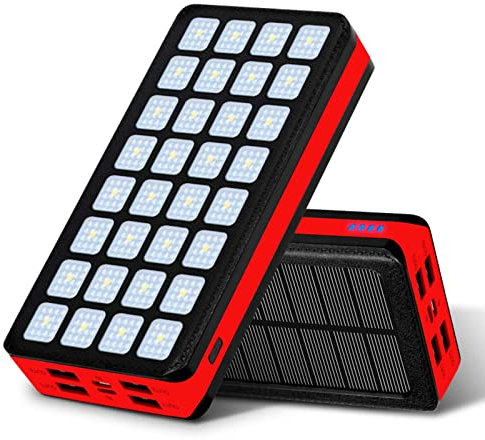 AMAZOM Solar Power Bank 80000Mah 2020 Newest Solar Portable Charger Portable Charger External Backup Battery Pack with 5 Outputs (4USB And Type C) And 32 LED Lights,Red
