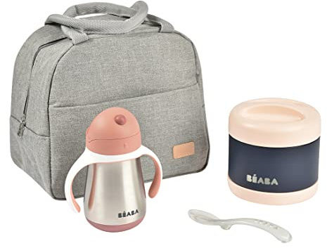 BÉABA, Set repas isotherme repas de bébé et accessoires, Lunchbox, Thermo-portions Inox 500ml et Tasse paille Inox 250ml, Cuillère en Silicone 2ème âge, Old Pink