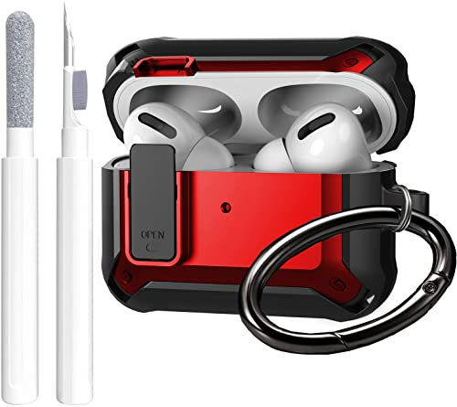 Airpods Pro Case Cover Men Lock mit Reinigungsset, GARTOO Schutzhülle mit Reinigungsstift Kompatibel mit Airpod Pro Hülle, Stoßfeste robuste Schale für Air Pods Pro 2019 Ladehülle (Schwarz/Rot)