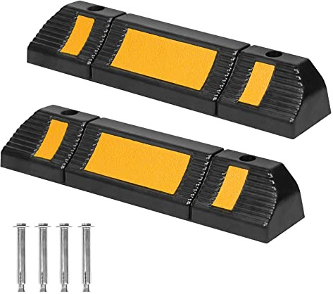 NAIZY Radstopper 2er Gummi Parkstopper Parkplatzbegrenzung 60x12x10cm Parkplatzmarkierung mit Dehnschraube Parkplatzsperre Schwarz und Gelb Parkbegrenzung Einparkhilfe für Garage (Gummi-Typ)