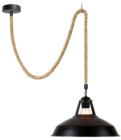 Lustre Suspension en corde chanvre de E27 Lumière pendante industrielle style rétro Abat Jour Lampe réglable DIY pour salon café restaurant Hal (Noir)