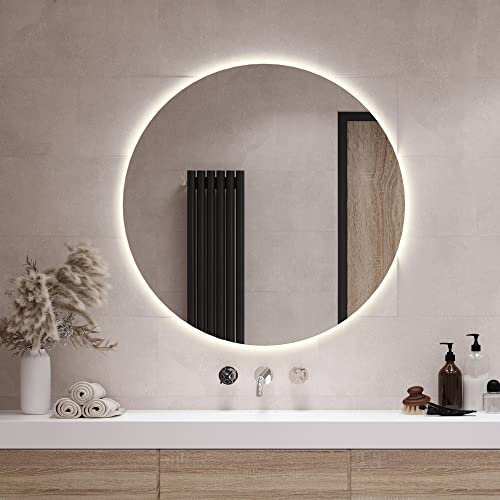 Tulup Espejo de Pared Luz con iluminación LED para baño salón Dormitorio ⌀ 60 cm Espejo de Cristal Templado - Blanco cálido