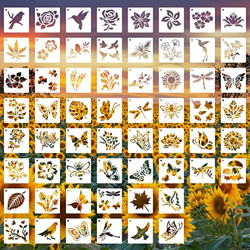 Winmany Lot de 60 pochoirs réutilisables pour peinture, papillon, fleur, oiseau, peinture ajourée, loisirs créatifs, décoration murale en bois, décoration d'intérieur