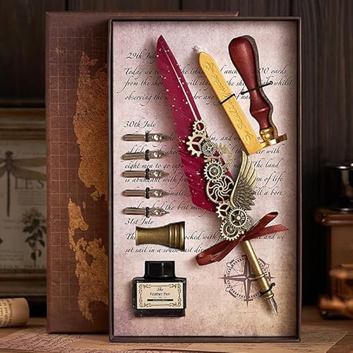 XUBX Kalligraphie Set, Federkiel Feder Stift, Luxuriöser Federhalter Mit Tinte, Füllfederhalter Mit 17 Federn, Stifthalter, Siegelstempel Und Wachs, Schreibfeder