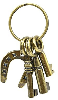 Porte-clés original et porte-bonheur avec un fer à cheval, un hibou, une main de Fatima, un trèfle porte-bonheur, de l'or. Clés de maison ou de voiture, mauvais œil, clés originales.
