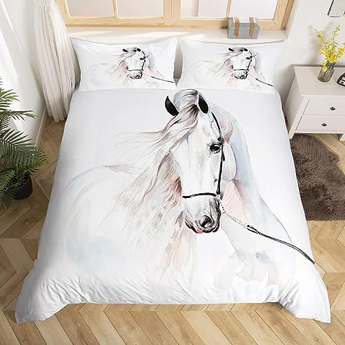 Cheval Housse de Couette 220x240cm Garçons Enfants Adolescents Cheval Blanc imprimé Literie ensemble 3D Animaux Housses de Couettes Wildlife animal Parure de Lit blanc Aquarelle cool, Microfibre