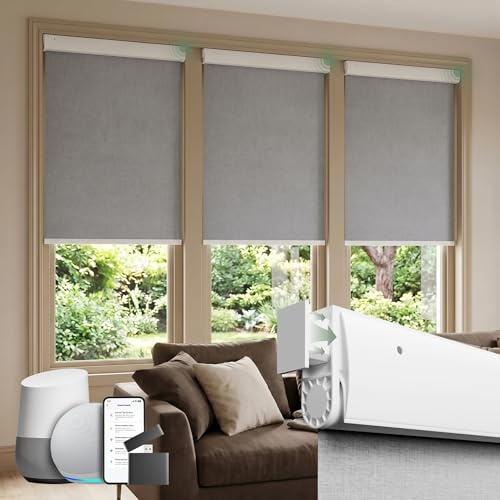 DONGFXK No Drill Motorized Blinds with Remote, Grey,35 W x 72 H | Smart Blackout Roller Shades, Integral Valance Design, Tool-Free Installation, Cordless, Privacy Protect for Bedroom