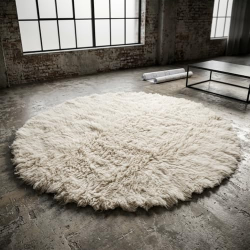 Super Thick Round Flokati Rug. Long 3.5” Organic Wool Pile. Natural Off White Wool Area Rug. (8' Round)