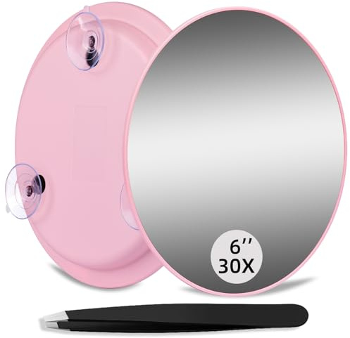 JJhxr 30X Makeup Magnifying Mirror, Round 6inch Travel Magnified Mirror with 3 Suction Cups Mounting, 30X Handheld Travel Magnification and Tweezers Kit - Use for Makeup, Blackhead/Blemish Removal