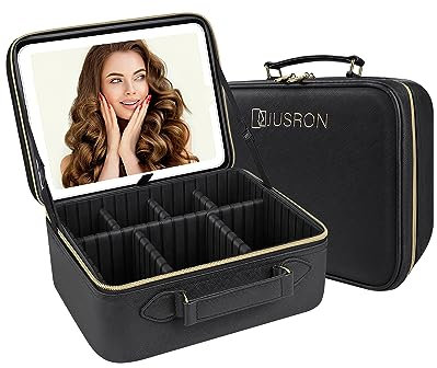 Make-up Tasche mit Spiegel-3 Farben LED Licht, Reise Kosmetiktasche mit LED Spiegel, Tragbare Schminktasche mit Verstellbaren Trennwänden, Makeup Organizer für Reisen&Geschäftsreisen für Damen