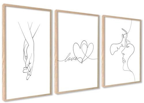 Poster Set Line Art Liebe | 3 Stück 50x70cm MIT RAHMEN HOLZ | Küssen Hand in Hand Schwarz Weiß Sprüche Zitate Bilder Wanddeko