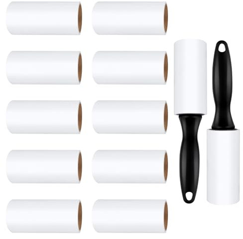 VFANDV 12 Rollos con 2 Desenrolladores Rodillo Quitapelusas, 720 Hojas Rodillo Quitapelos Adhesivo Extra para Ropa Rollo Extra de Pelusa Adhesiva Conjunto para Polvo Pelo Rodillo de Pelo de Gato