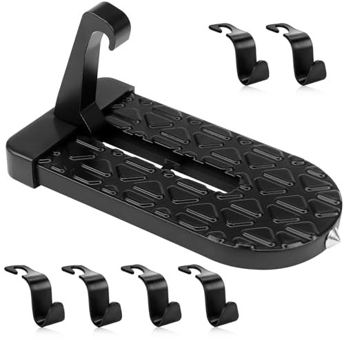 FAELNK Auto TüRstufe Trittbretter Klappbarer Auto Türpedal mit Sicherheitshammer und 6 Kunststoff U Haken Auto Pedal TüRstufe Autotür Haken Fußrasten Fahrzeug für SUV/RV Schwarz
